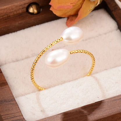 Elegant Simple Style Geometric Copper Plating Inlay Freshwater Pearl 18k Gold Plated Open Rings