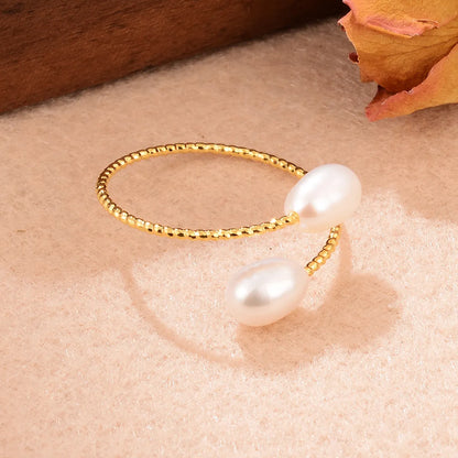 Elegant Simple Style Geometric Copper Plating Inlay Freshwater Pearl 18k Gold Plated Open Rings