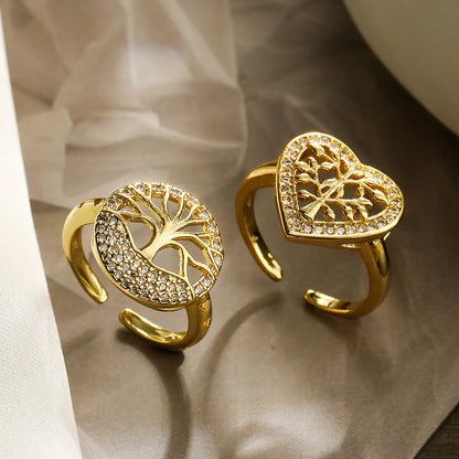 Elegant Simple Style Geometric Heart Shape Copper Plating Inlay Zircon 18k Gold Plated Open Rings