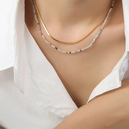 Elegant Simple Style Geometric Natural Stone Titanium Steel Beaded Plating 18k Gold Plated Double Layer Necklaces