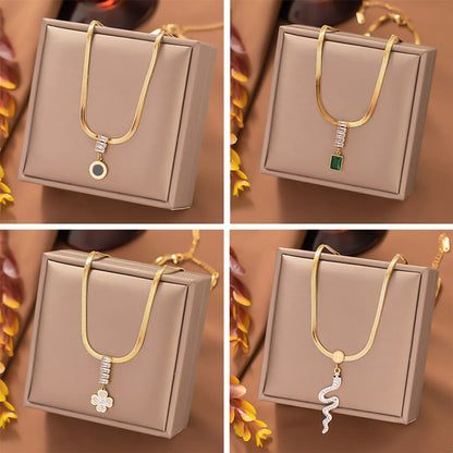 Elegant Simple Style Geometric Snake Titanium Steel Plating Inlay Zircon Pendant Necklace