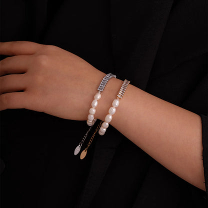 304 Stainless Steel Gold Plated Silver Plated Elegant Simple Style Beaded Plating Inlay Geometric Pearl Zircon Bracelets