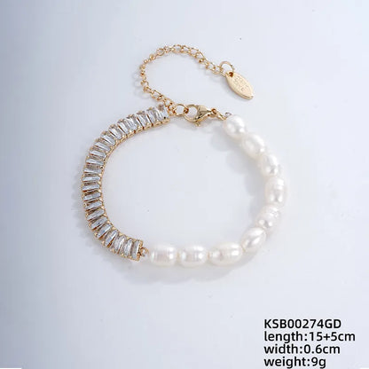 304 Stainless Steel Gold Plated Silver Plated Elegant Simple Style Beaded Plating Inlay Geometric Pearl Zircon Bracelets