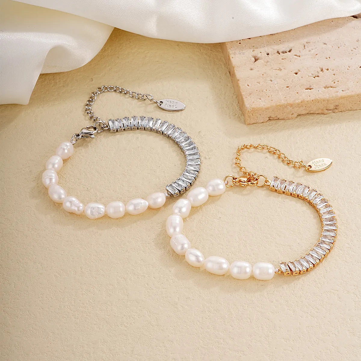 304 Stainless Steel Gold Plated Silver Plated Elegant Simple Style Beaded Plating Inlay Geometric Pearl Zircon Bracelets