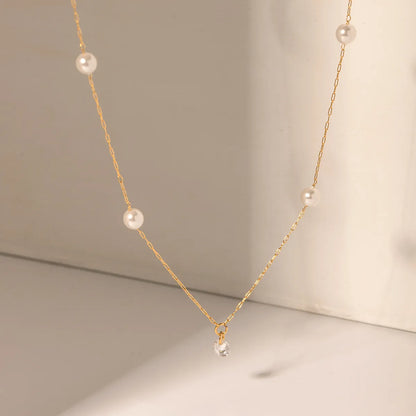 Elegant Simple Style Geometric Stainless Steel Plating Inlay Artificial Pearls Zircon 18k Gold Plated Necklace