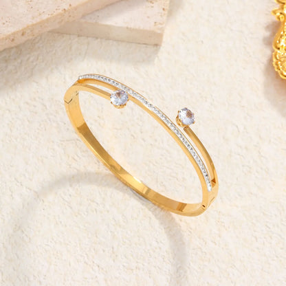 Elegant Simple Style Geometric Titanium Steel Plating Inlay Rhinestones 18k Gold Plated Bangle