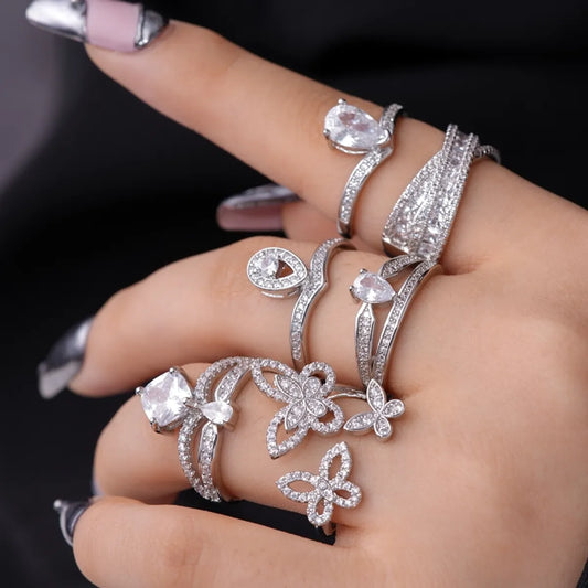 Elegant Simple Style Geometric Water Droplets Butterfly Copper Plating Inlay Zircon Open Rings