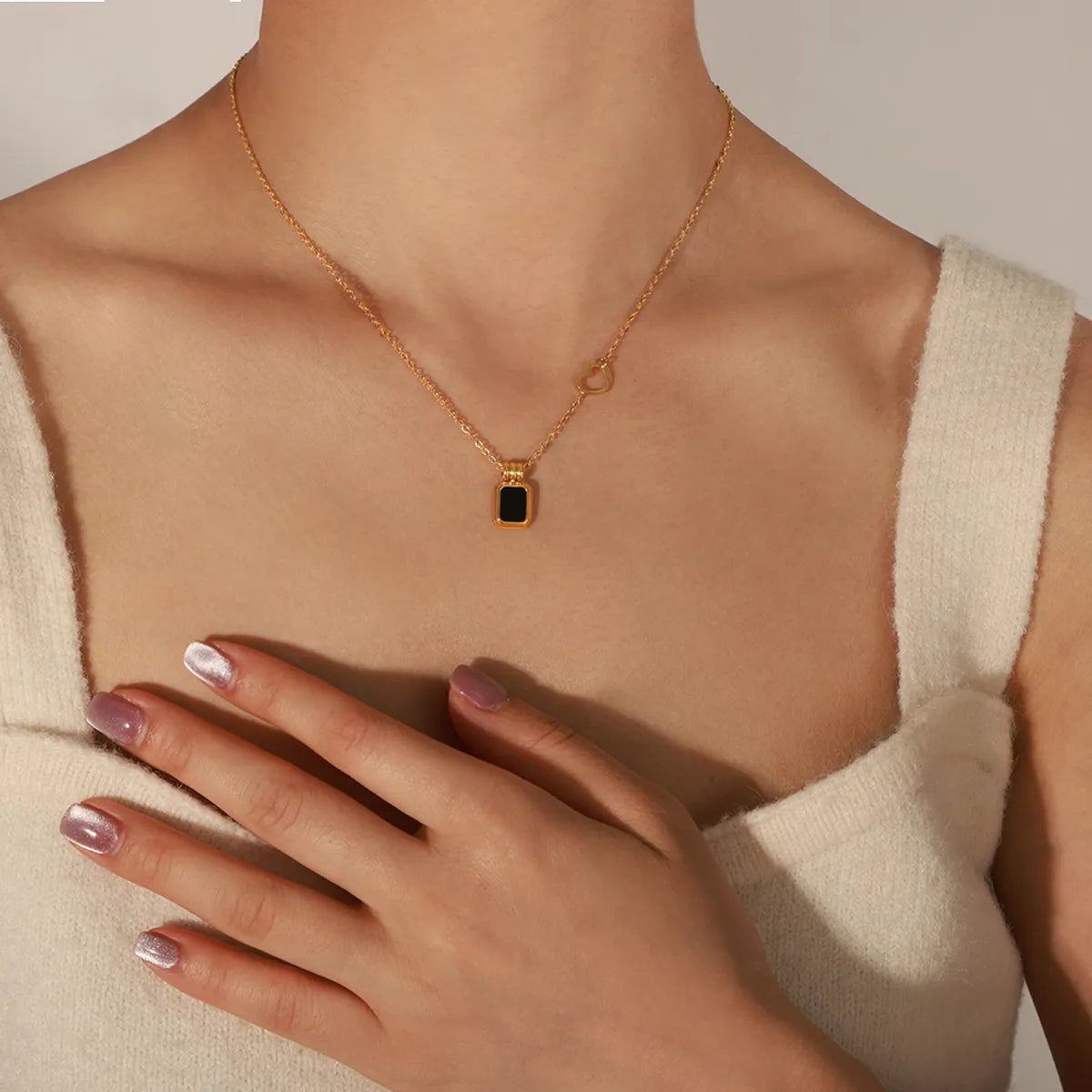 Elegant Simple Style Heart Shape Rectangle Titanium Steel Plating Inlay Acrylic 18k Gold Plated Pendant Necklace