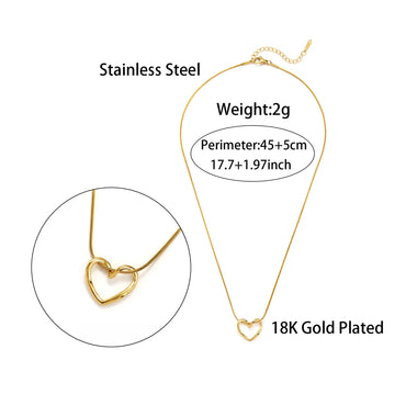 Elegant Simple Style Heart Shape Stainless Steel Hollow Out 18k Gold Plated Pendant Necklace