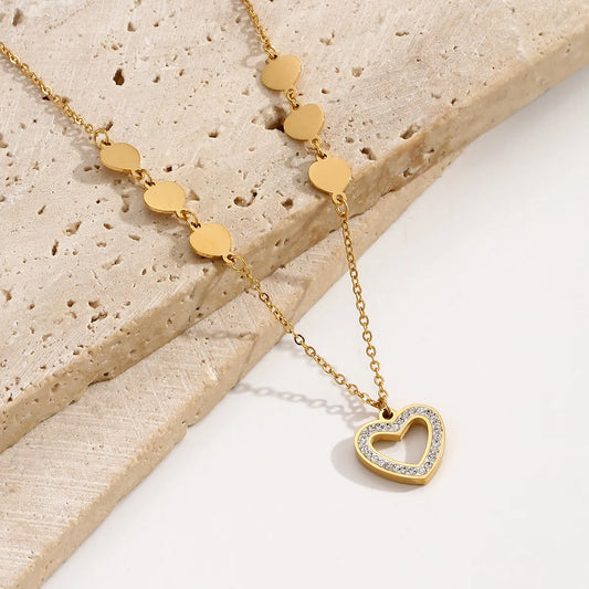 Elegant Simple Style Heart Shape Stainless Steel Plating Inlay Rhinestones 14k Gold Plated Necklace