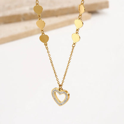 Elegant Simple Style Heart Shape Stainless Steel Plating Inlay Rhinestones 14k Gold Plated Necklace