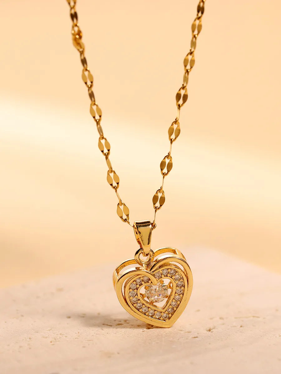 Elegant Simple Style Heart Shape Stainless Steel Plating Zircon 18k Gold Plated Pendant Necklace