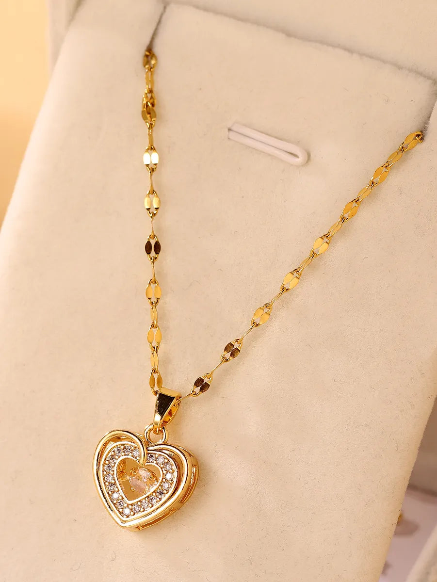 Elegant Simple Style Heart Shape Stainless Steel Plating Zircon 18k Gold Plated Pendant Necklace