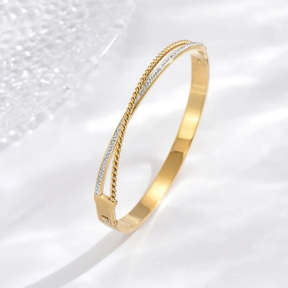 Elegant Simple Style Irregular Twist Stainless Steel Asymmetrical Plating Hollow Out Zircon 14k Gold Plated Bangle