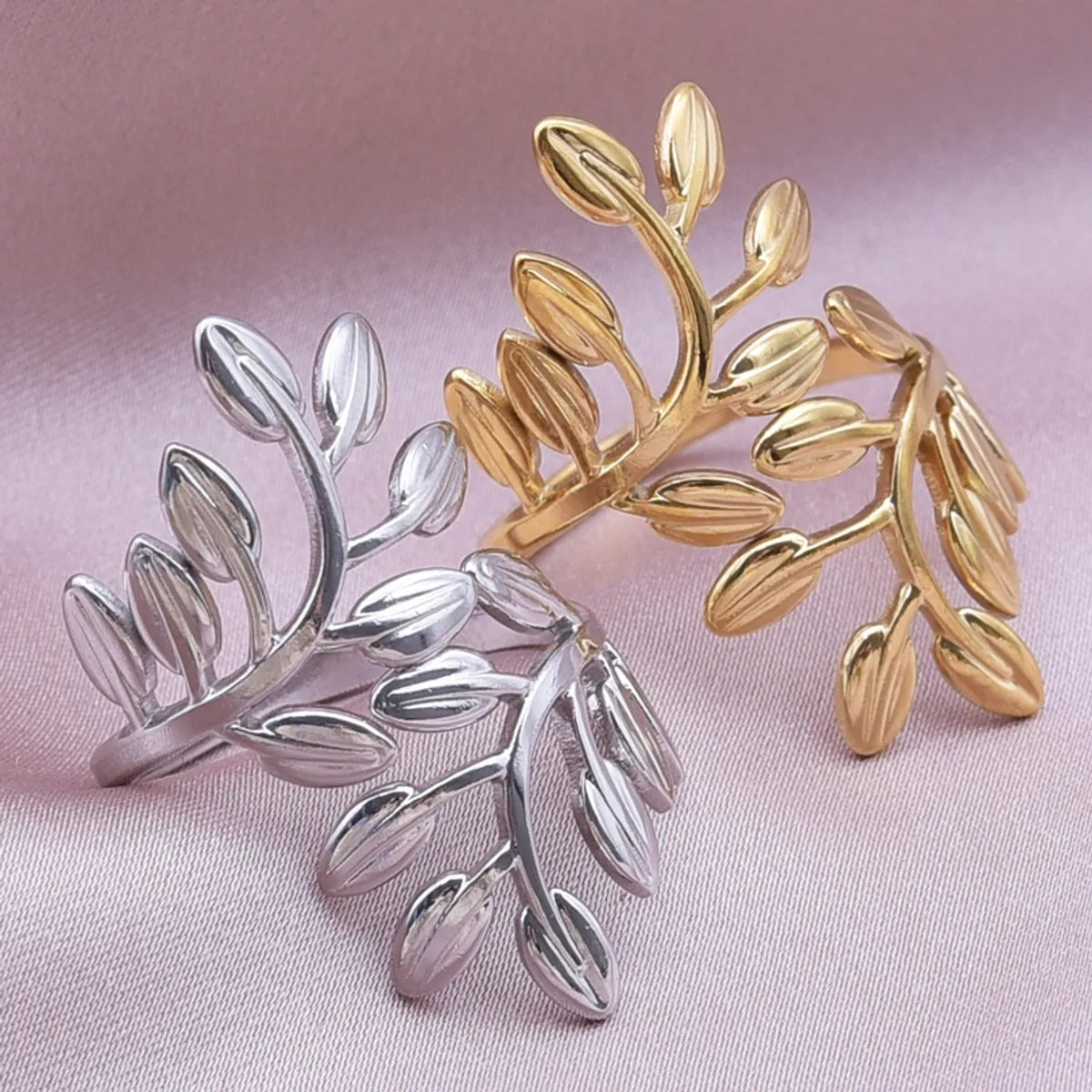 Elegant Simple Style Leaf Stainless Steel Plating 18k Gold Plated Open Rings