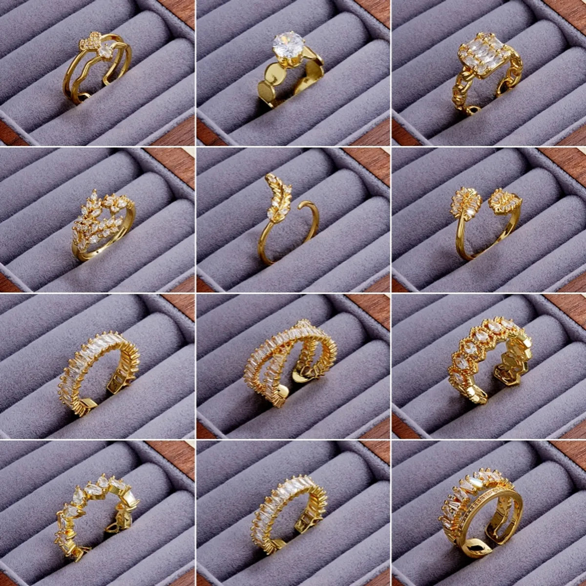 Elegant Simple Style Leaves Butterfly Copper Gold Plated Zircon Rings In Bulk