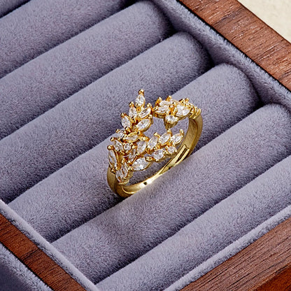 Elegant Simple Style Leaves Butterfly Copper Gold Plated Zircon Rings In Bulk