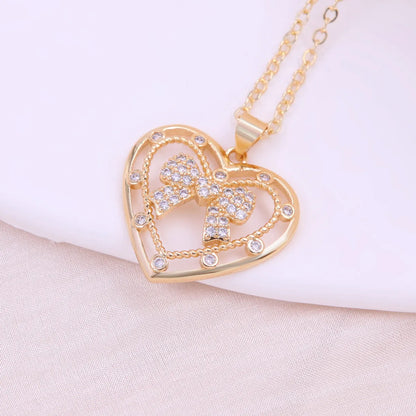 Elegant Simple Style Love Heart Shape Bow Knot Copper Plating Inlay Zircon 18k Gold Plated Pendant Necklace