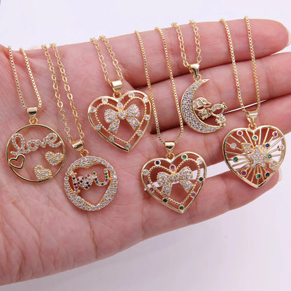 Elegant Simple Style Love Heart Shape Bow Knot Copper Plating Inlay Zircon 18k Gold Plated Pendant Necklace