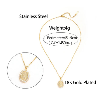 Elegant Simple Style Oval Stainless Steel Inlay Zircon 18k Gold Plated Pendant Necklace