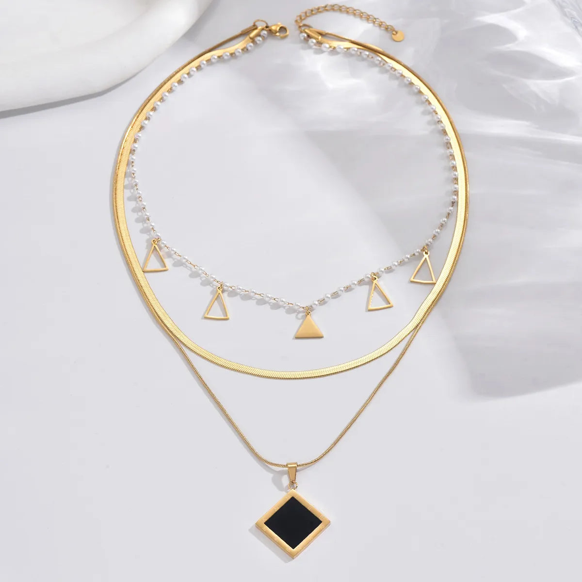 Elegant Simple Style Roman Style Triangle Square Roman Numeral Stainless Steel Pearl Plating Inlay Acrylic 14k Gold Plated Three Layer Necklace