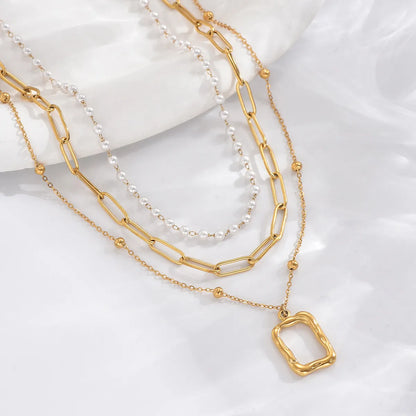 Elegant Simple Style Roman Style Triangle Square Roman Numeral Stainless Steel Pearl Plating Inlay Acrylic 14k Gold Plated Three Layer Necklace