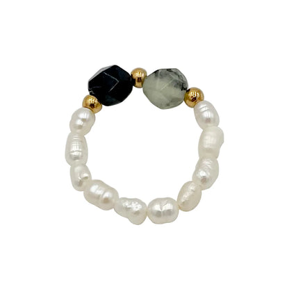 Elegant Simple Style Round Natural Stone Freshwater Pearl Beaded Plating Gold Plated Women's Rings