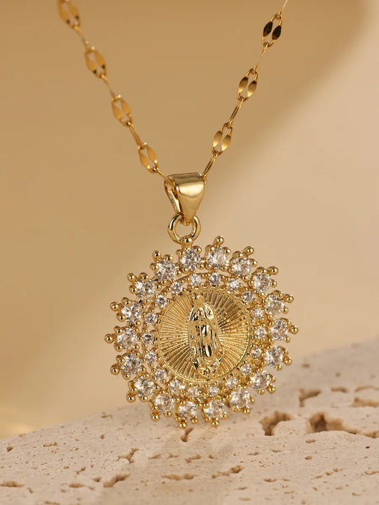 Wholesale Jewelry Elegant Simple Style Round Stainless Steel Zircon Pendant Necklace