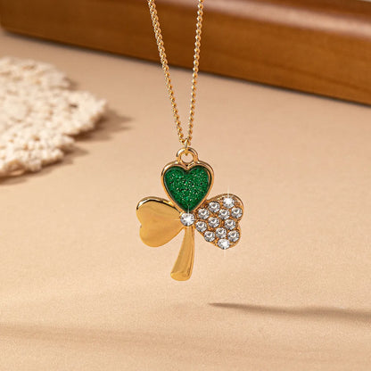 Elegant Simple Style Shamrock Alloy Enamel Inlay Glass Gold Plated St. Patrick Women'S Pendant Necklace