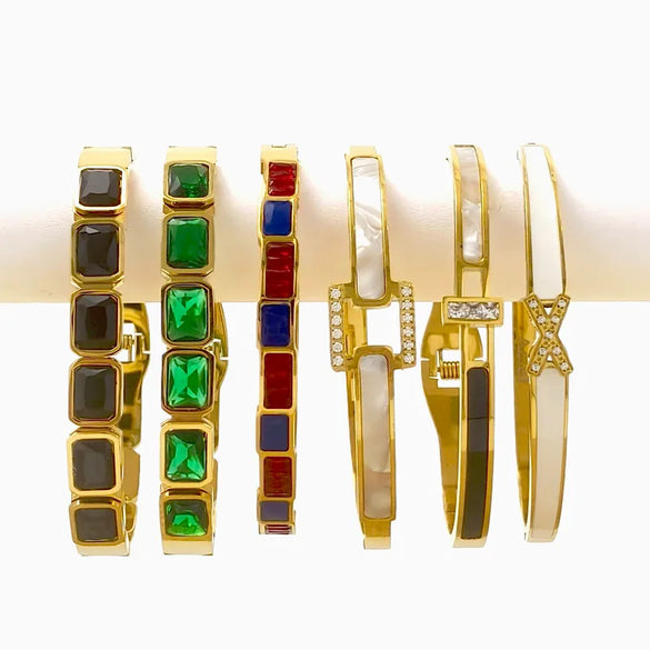Elegant Simple Style Shiny Geometric Titanium Steel Gold Plated Artificial Gemstones Shell Bangle In Bulk