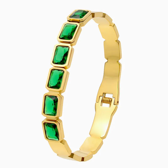 Elegant Simple Style Shiny Geometric Titanium Steel Gold Plated Artificial Gemstones Shell Bangle In Bulk