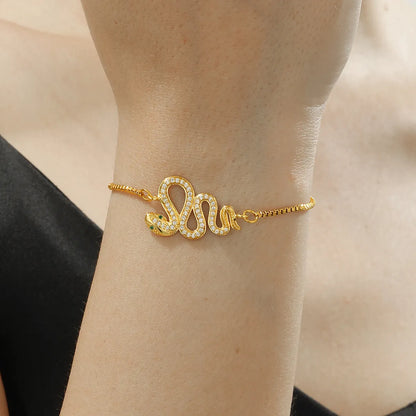 Elegant Simple Style Snake Butterfly Copper Plating Hollow Out Inlay Zircon 18k Gold Plated Bracelets