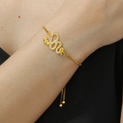 Elegant Simple Style Snake Butterfly Copper Plating Hollow Out Inlay Zircon 18k Gold Plated Bracelets