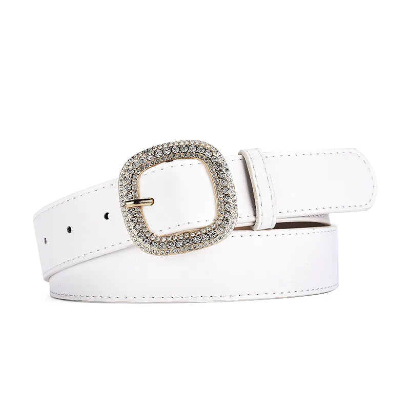 Elegant Simple Style Solid Color Pu Leather Alloy Inlay Rhinestones Women'S Leather Belts