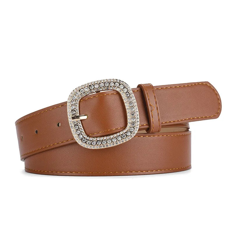 Elegant Simple Style Solid Color Pu Leather Alloy Inlay Rhinestones Women'S Leather Belts