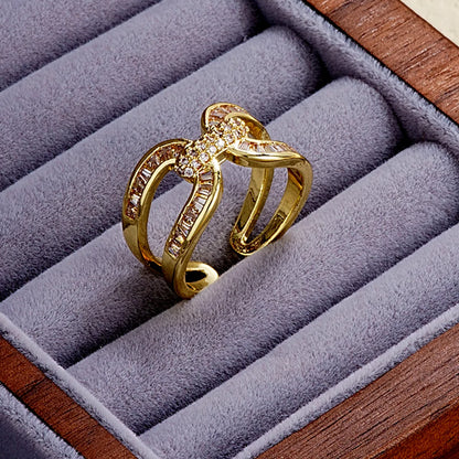 Elegant Simple Style Star Bow Knot Copper Gold Plated Zircon Open Rings In Bulk