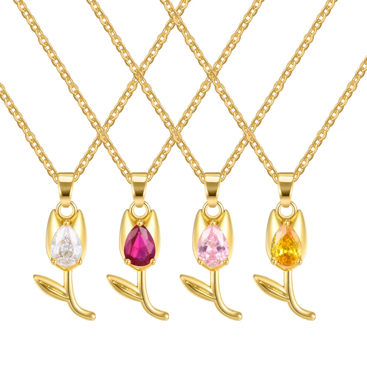 Elegant Simple Style Tulip Copper Plating Inlay Zircon 18k Gold Plated Pendant Necklace