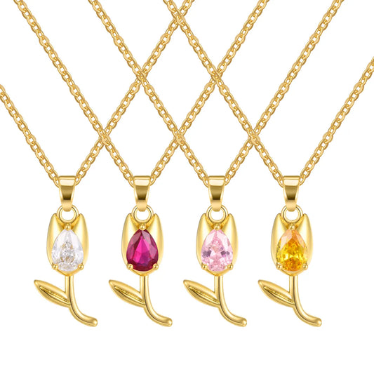 Elegant Simple Style Tulip Copper Plating Inlay Zircon 18k Gold Plated Pendant Necklace