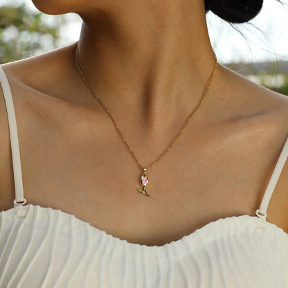 Elegant Simple Style Tulip Copper Plating Inlay Zircon 18k Gold Plated Pendant Necklace