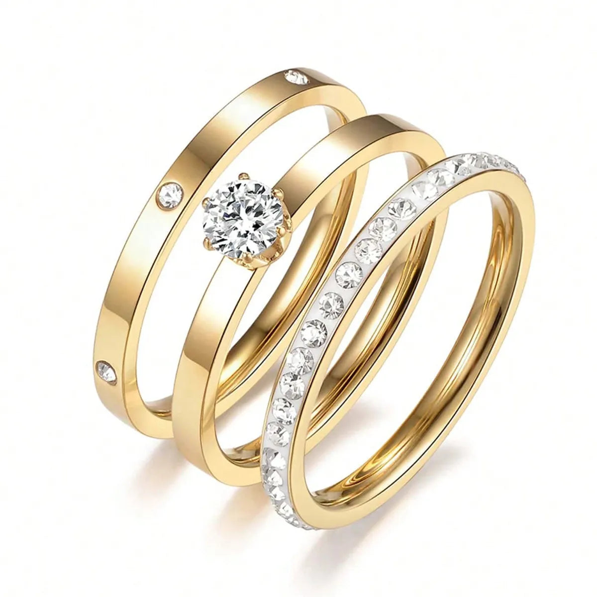 Wholesale Jewelry Elegant Solid Color 304 Stainless Steel Zircon Gold Plated Inlay Rings