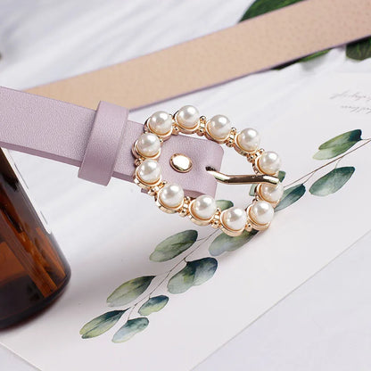 Elegant Solid Color Pu Leather Alloy Inlay Artificial Pearls Women'S Leather Belts