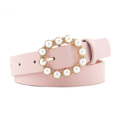 Elegant Solid Color Pu Leather Alloy Inlay Artificial Pearls Women'S Leather Belts