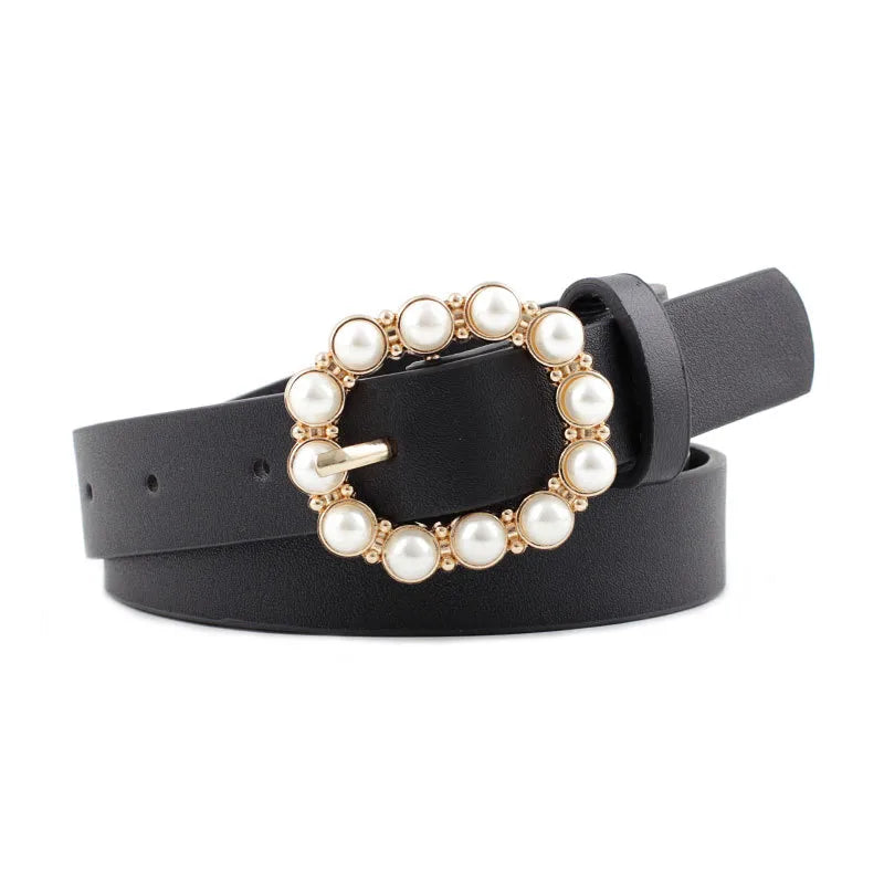 Elegant Solid Color Pu Leather Alloy Inlay Artificial Pearls Women'S Leather Belts