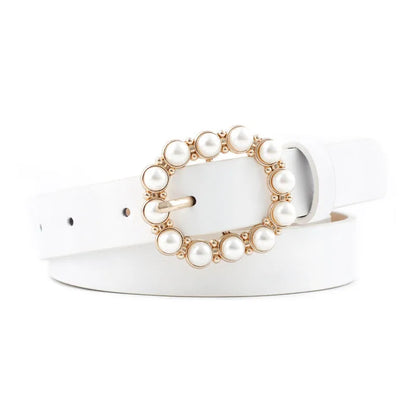 Elegant Solid Color Pu Leather Alloy Inlay Artificial Pearls Women'S Leather Belts