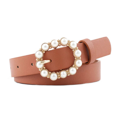 Elegant Solid Color Pu Leather Alloy Inlay Artificial Pearls Women'S Leather Belts