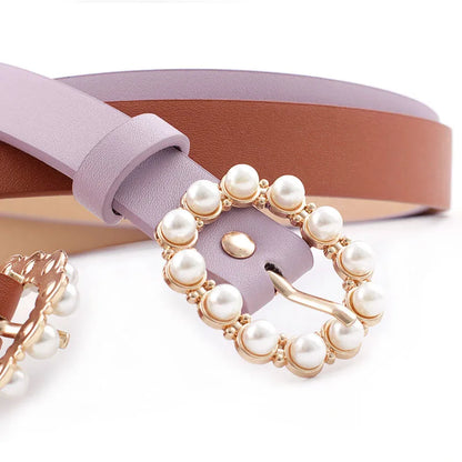 Elegant Solid Color Pu Leather Alloy Inlay Artificial Pearls Women'S Leather Belts