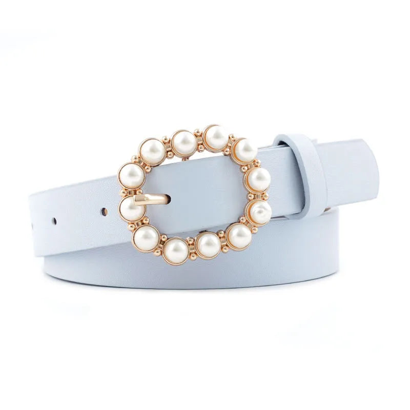 Elegant Solid Color Pu Leather Alloy Inlay Artificial Pearls Women'S Leather Belts