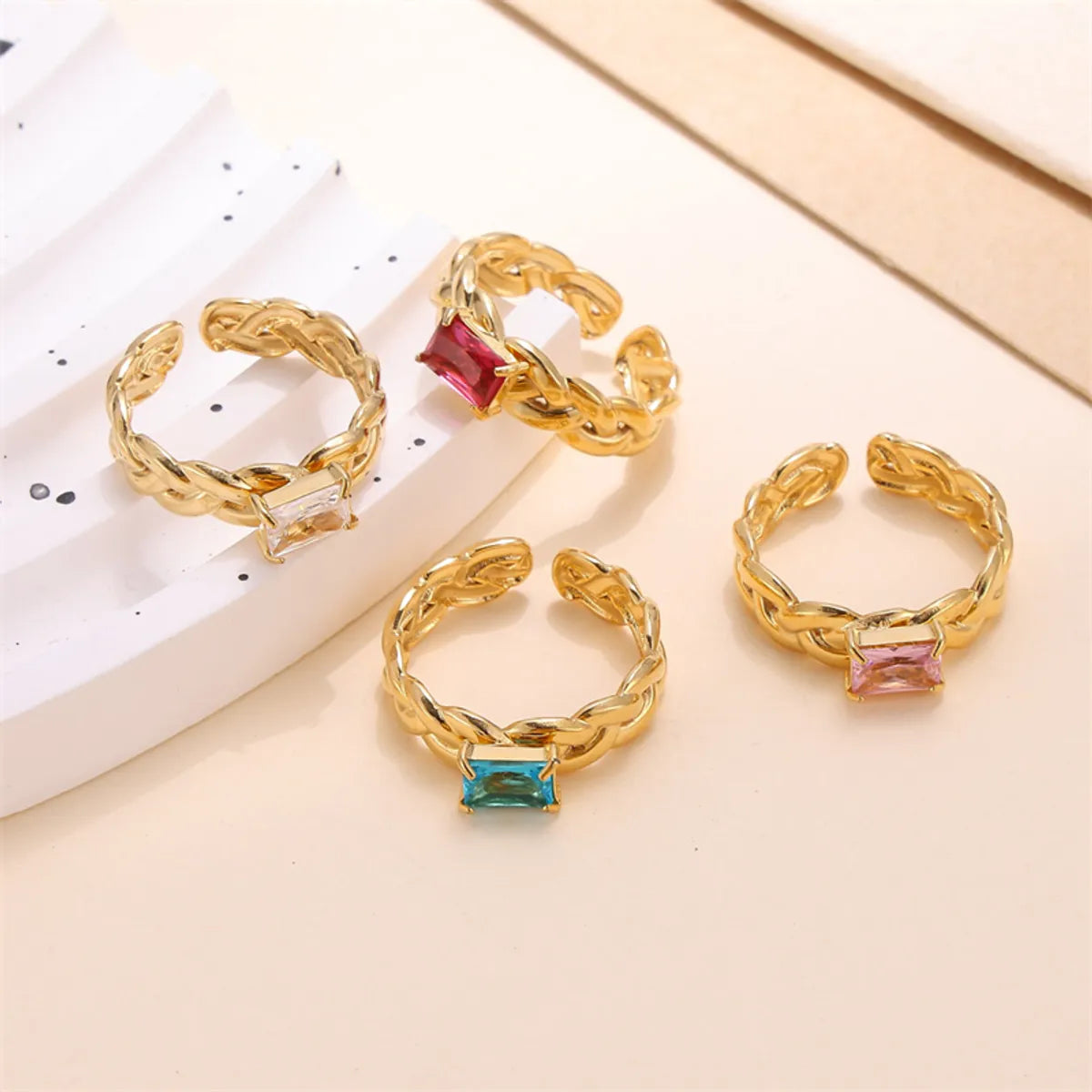 Elegant Solid Color Stainless Steel Plating Inlay Zircon 18k Gold Plated Open Rings