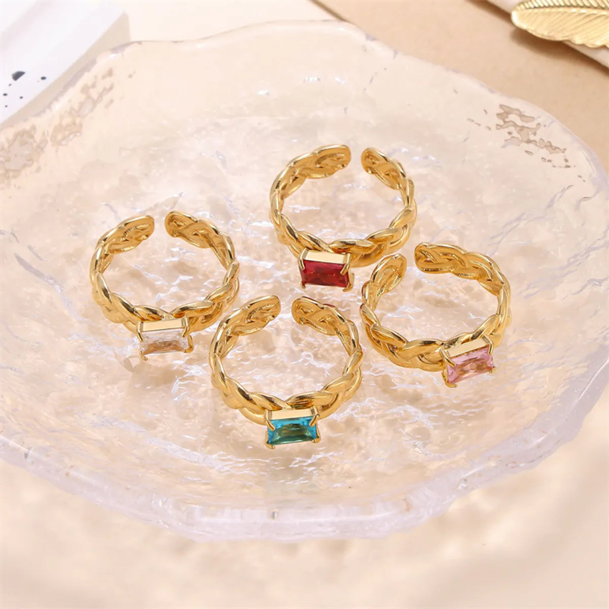 Elegant Solid Color Stainless Steel Plating Inlay Zircon 18k Gold Plated Open Rings