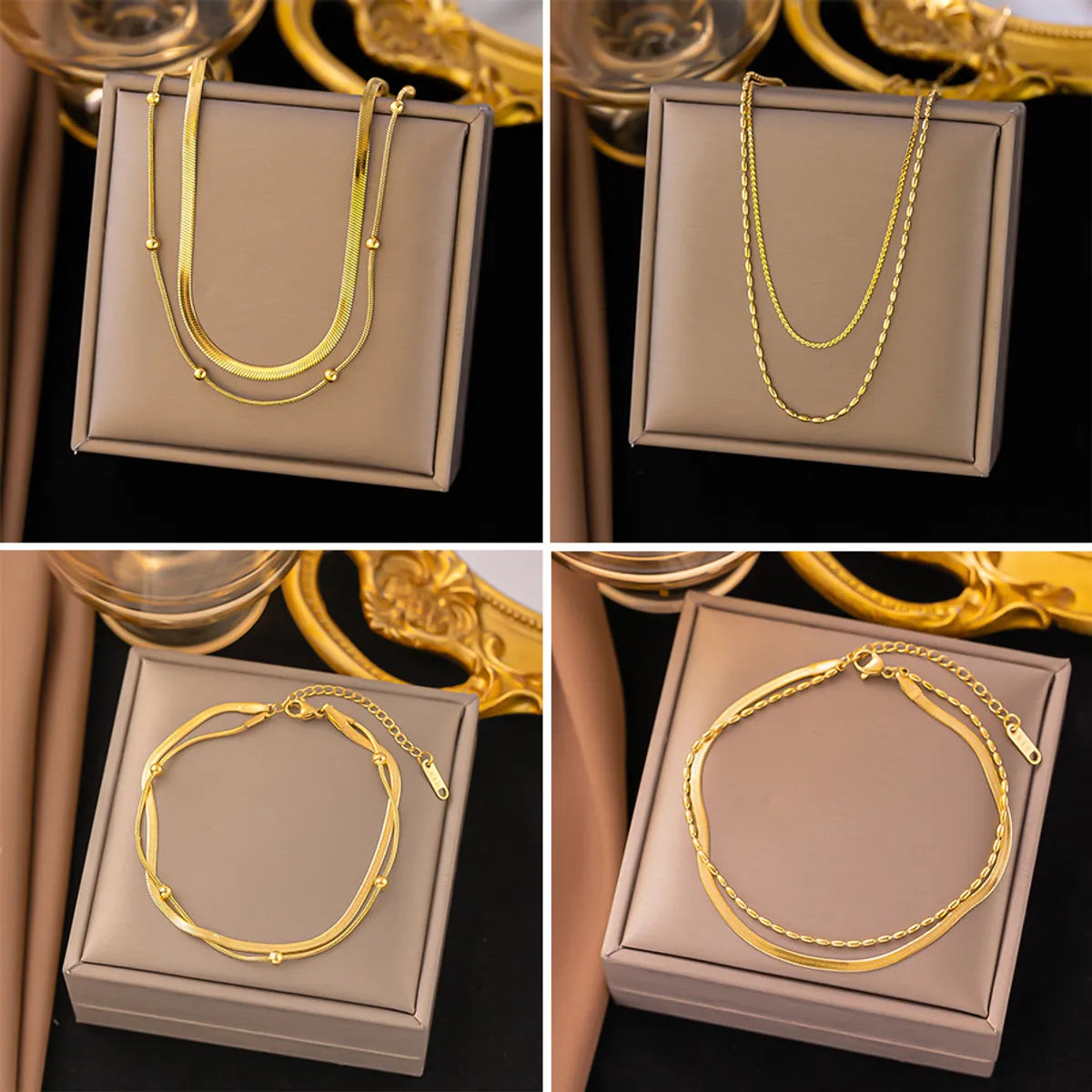 304 Stainless Steel 18K Gold Plated Elegant Plating Solid Color Bracelets Anklet Necklace